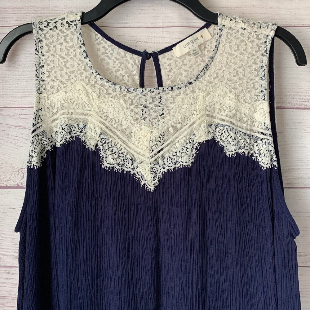 Umgee Navy Blue and Cream Lace Tunic Swing Dress Sleeveless Size XL - Picture 2 of 16